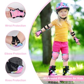 Unicorn Castle Knee and Elbow Pads Wrist Guards Set for Kids with Drawstring Bag 6 in 1 Adjustable Protective Gear Set for Cycling Roller Skating Scooter,3-8yrs