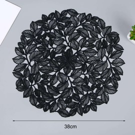 Hosoncovy 4 Pack Decorative Strawberry Leaf PVC Placemats Hollow Dining Table Place Mats Heat Resistant Non-slip Dining Placemats Table Mats for Home Kitchen Wedding (Black)