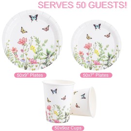 I00000 150Pcs Wildflower Plates,Spring Party Decorations,Butterfly Floral Paper Dinnerware Set Include 100Pcs Plates and 50Pcs Cups for Easter Dinner Party Supplies