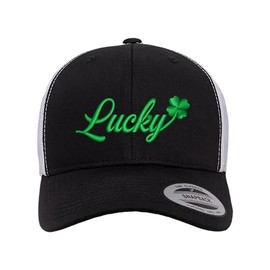 Adjustable Black/White Structured Trucker Lucky with Shamrock St. Patricks Day 4 Leaf Clover Structured Trucker Cap