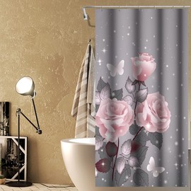 OERJU Floral Shower Curtain Pink Rose Stylish Bath Curtain with Printted Pattern Grey Background Waterproof Polyester Fabric Bathroom Decor Set with Hooks 36x72inch