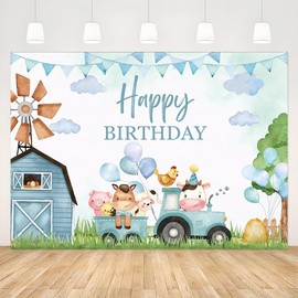 APROPHIC Children's Birthday Banner Background Blue Animals Photo Background Happy Birthday Banner Photo Backgrounds Cartoon Funny Cow Pig Photo Background Photo Wall Background 210 x 150 cm