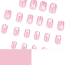SXVME Soft Gel Press on Nails Short Square, French Tip False Nails Short Coffin, Flowers Full Cover Light Pink Fake Nails Press ons, Small Stick on Nail for Women Decoration 24 Pcs