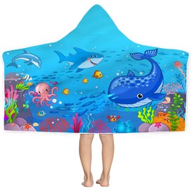 Bonsai Tree Blue Sea World Hooded Beach Towel for Kids, Cute Bath Towel with Hood, Boy Microfiber Super Absorbent Soft Poncho Bathrobe for Swin Pool 30”x50”