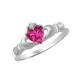 Jewel Zone US Heart Cut Simulated Birthstone & Cubic Zirconia Claddagh Ring In 14k Gold Over Sterling Silver Jewelry Gift For Her, Ring Size-7.5, 14k White Gold,Sterling Silver,Zirconia, Ruby