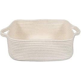 Woven Cotton Rope Storage Basket with Handles for Organizing Shelves Closet Small Cat Dog Pet Toy Baskets Box Bin Decorative Rectangle Baby Nursery basket Gift basket Empty(white)