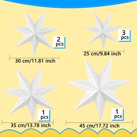 7 Pieces Christmas Paper Star Lantern White 7-Pointed Large Star Lamp Shade Hollow Star Paper Lantern Lampshades Hanging Decorations for Christmas New Year Birthday Wedding Party, 4 Sizes