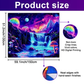 WEBEEDY Glow in The Dark Waterfall Tapestry Purple Galaxy Mushroom Landscape Tapestries UV Reactive Aesthetic Glowing Tapestry for Bedroom Living Room Wall Hanging,51.2x 59.1/130x150cm