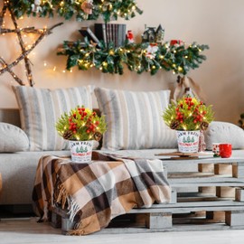 JETEHO 2 Pack Christmas Table Decorations, Potted Christmas Tree with Lights, Pine Cones and Berries, Christmas Plants Artificial, Christmas Centerpieces for Tables, Home, Mantel Holiday Decor