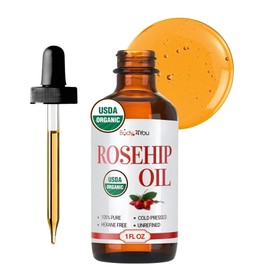 BodyJ4You Rosehip Oil for Face - 100% Pure Natural USDA Organic Cold Pressed - Hydrating Skin Hair Nails Anti-Aging Wrinkle Scar Treatment Gua Sha - Non-GMO Undiluted Carrier - Glass Bottle 1 Fl Oz