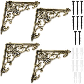 Lounsweer 4 Pcs Heavy Duty Antique Brass Shelf Brackets Wall Mounted Shelf Brackets Decorative Floating Rack Shelving Brackets for Kitchen Home Bathroom Cabinet Shelves Support (Classic)