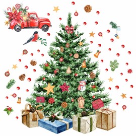 Large Christmas Tree Wall Decals Merry Christmas Wall Stickers Christmas Truck Wall Decals Peel and Stick,Watercolor Pine Tree Stickers for Window Decor Living Room Kids Room Gift Xmas Party Supplies