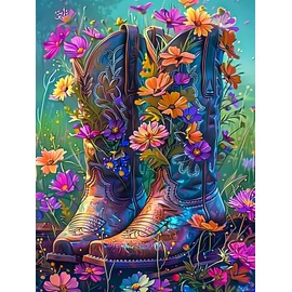 JXAVAXDE Cowboy Boots with Colorful Wild Flowers Funny Diamond Painting Kit for Adult DIY Full Drill Diamond Art Boots 5D Diamond Dots Kits Painting Crafts for Home Decor 12x16 inch