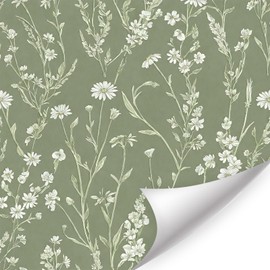 HLNIUC Wallpaper Green Peel And Stick,Vintage Flower Wallpaper,Green Plants Stickers(44x300cm) Floral Wall Paper Self Adhesive,Light Botanical Stickers For Living Room Bedroom Wall Cabinets