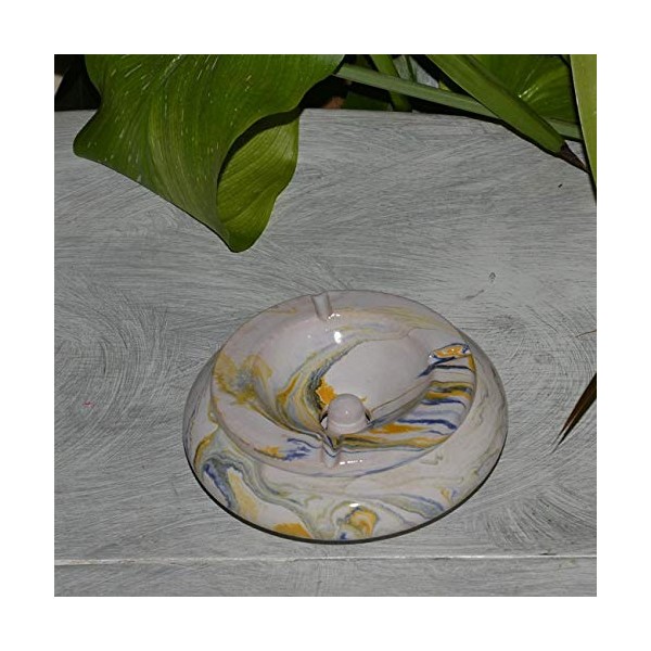Moroccan Ashtray Medium Marbled Lime Green Yellow, Blue and White