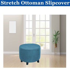 GAMUKAI Round Ottoman Slipcover – Stretchable Footstool Cover with Elastic Bottom | Plush Velvet Fabric | Fits Storage Ottomans, Poufs & Stools (Peacock Blue, X-Large)