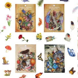 XUZOO 240 Sheets Collage Stickers Flower Seals Butterfly Wings Flowers Leaves Mushroom Flake Stickers Set, Stylish, Popular, Decoration Stickers, Large Capacity, Transparent, Design Paper, Collage,
