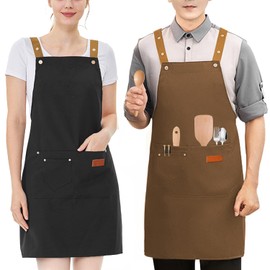 CASAMIEL 2 PCS Delantales de Cocina para Mujeres y Hombres, Delantales Ajustables con Bolsillos para Chef, Mandiles de Poliéster Impermeable para Cocina, Barbacoa, Pintura y Jardinería