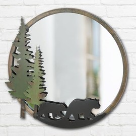 BLACK FOREST DECOR Rustic Round Wall Mirror with Bear Silhouettes - Lodge Style Metal Frame