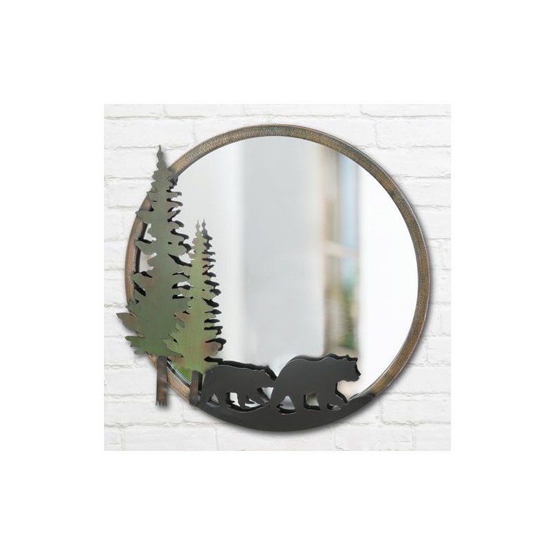 BLACK FOREST DECOR Rustic Round Wall Mirror with Bear Silhouettes