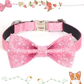 Jumpress Bling Dog Bow Tie Collar for Puppy Small Dogs and Cats, Cute Pink Girl Dog Collar with Bow for Daily Walking or Holiday Party (Neck fit 9-12’’)