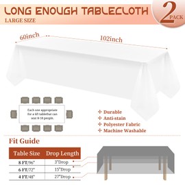 Showgeous 2 Pack White Polyester Tablecloth for 6ft Rectangle Tables 60 x 102 Inch Rectangular Fabric Table Clothes Washable White Table Covers for Wedding Banquet Restaurant Buffet Parties Camping