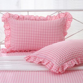 K MASANIJI 2 Pack Coral Pink Plaid Ruffle Gingham King Size Pillow Shams 20x36 inches, Washed Cotton Checkered Cottage Coquette Girls Pillow Covers for Bed/Sofa (20x36 inches, Coral Pink/White Plaid)