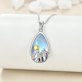 YFN Sterling Silver Moonstone Mountain Pendant Necklace Nature Jewelry Gift for Skiers, Hikers, Campers, Climbers and Nature Lovers, Sterling Silver