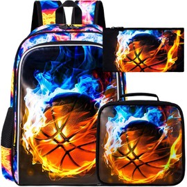 UFNDC 3PCS Kids Basketball Backpack, Boys Fire School Bag with Lunch Box, 17" Water Resistant Bookbag for Teenagers Elementary Middle
