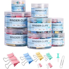 408 PCS Binder Clips Paper Clamps Assorted Sizes and Push Pins, Binding Paperwork Clamp Bulk, School Teachers Office Supplies (Multicolor)            