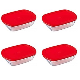Pyrex O'Cuisine Borosilicate Glass Rectangular Dish with Plastic Lid 0.4 Litre Red (Pack of 4)