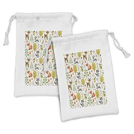 Lunarable Animals Fabric Pouch Set of 2, Woodland Forest Animals Trees Birds Owls Fox Bunny Deer Raccoon Mushroom Print, Small Drawstring Bag for Toiletries Masks and Favors, 9" x 6", Multicolor