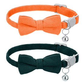 2 Pcs Kitten Collars, Soft Corduroy Small Cat Collar with Bell and Bow Tie, Adjustable Breakaway Safety Kitten Collars for Pets (Orange and Navy)