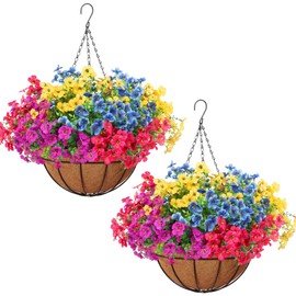 PABREY 2 Set Outdoor Artificial Hanging Baskets, UV Resistant Faux Fake Hanging Flowers Plants Planters for Spring Summer Front Porch Patio Yard Garden Home Decor (Purple, Yellow, Hot Pink, Blue)