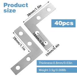 Pack of 40 Corner Brackets, Corner Connectors, Metal, 38 x 38 mm, Flat Connector, L-Shape, Flat Metal Angle, 90 Degree Mounting Angle with Screws, Furniture Angle for Cabinet, Table, Chair, Bookshelf