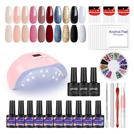 Leeclek Gel Nail Polish Starter Set Nail Lamp with U V Light Base Gel Top Coat Nail Stickers Cuticle Soak Off Manicure Tools Rhinestones Decoration Nail Art DIY Set Gifts for Women
