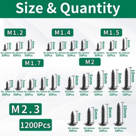 Zmbroll 1200Pcs Black Phillips Truss Head Self-Tapping Screws M1.2/1.4/1.5/1.7/2/2.3 Wafer Head Wood Screws Pan Head with Washer Tapper Fastener Tiny Screw Micro Screws for Electronic Repair