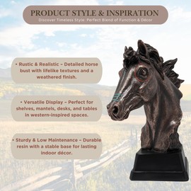 Rustic Horse Bust Figurine - Striking Resin Horse Statue for Western Home Décor - Elegant Equestrian Sculpture and Gift for Horse Lovers