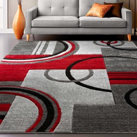 Well Woven Ruby Geometric 6x9 Area Rug Red & Grey Vibrant Modern Contemporary Hand Carved Circles Design Perfect for Living Room Dining Room or Bedroom Plush Easy-Care Easy-to-Clean Carpet