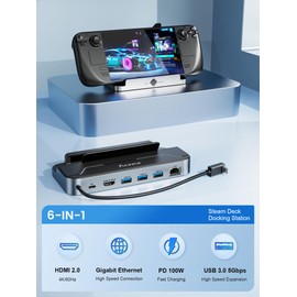 Aceele Steam Deck Dock, USB C 6-in-1 Docking Station with HDMI 4K@60Hz, USB 3.0, 100W PD Charging Port, RJ45 Gigabit Ethernet, Compatible with Steam Deck, ROG Ally, Switch, Laptop and Other Devices
