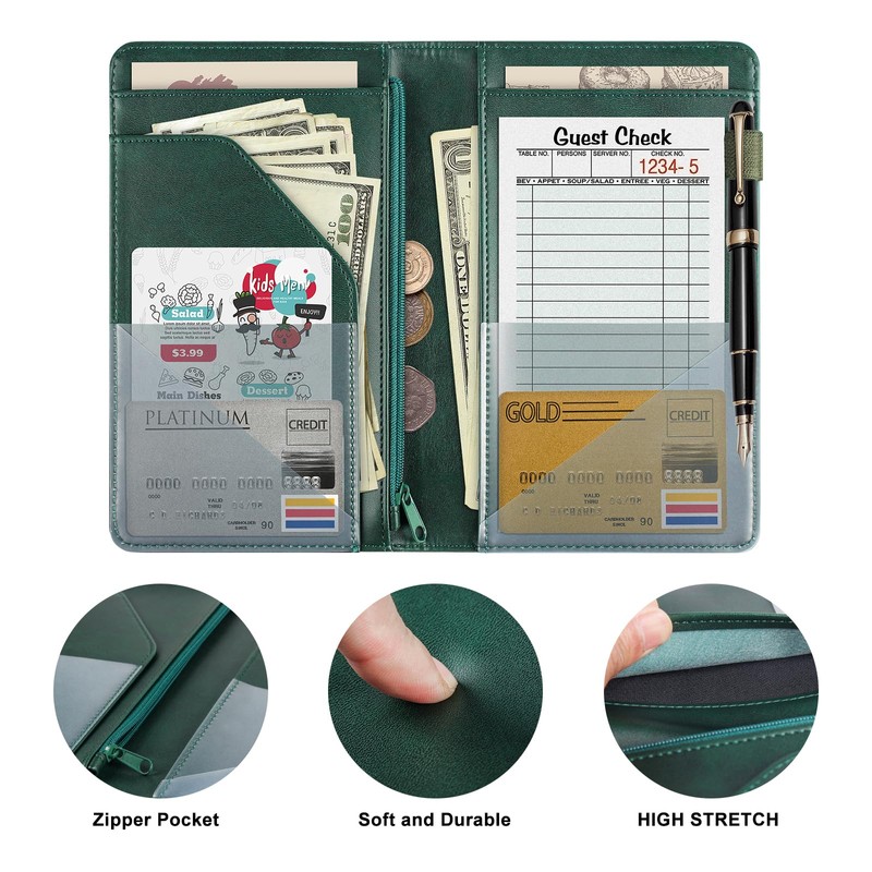 EcoVision Server Books for Waitress,Leather Waiter Book with Zipper Pocket,