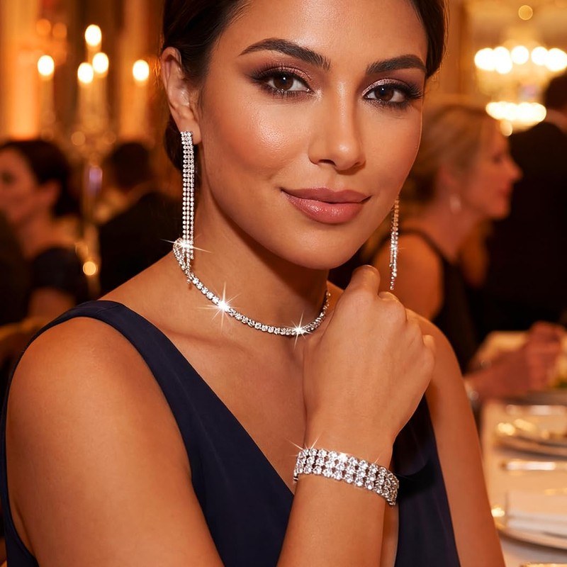 Aukmla Rhinestone Wedding Jewelry Sets Silver Choker Necklaces and Earring