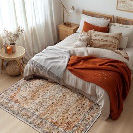 Topfinel Hearth Rugs for Fireplaces, Classic Oriental Design Vintage Rugs 120x170 for Bedroom Living Room, Non Slip Faux Wool Short Pile Orange Rug