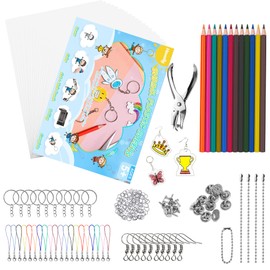 Hewolly 200 Pieces Shrinky Plastic Sheets Kit, Includes 20 Blank Sheets, 1 Hole Punch, 165 Keychain Accessories, and 12 Colored Pencils for Creative Art and Craft