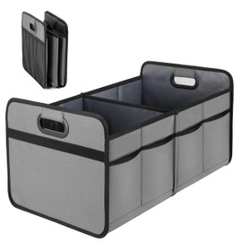 Simple Deluxe Car Trunk Organizer for SUV, Collapsible 2 Compartment 50L Automotive Storage Box with 5 Pocket, 600D Waterproof Oxford Polyester & Non Slip Bottom, Reinforced Handle, Grey