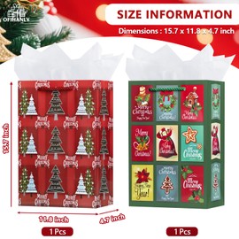OFIHANLY 4 Pack 15.7" Large Size Merry Christmas Gift Bags with Handles for Xmas Holiday Presents Red&Green Paper Wrapping Bag with Tissue Paper