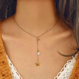 TseenYi Boho Star Y Lariat Necklace Gold Star Long Lariat Necklace Crystal Star Y Necklace Long Star Dangle Tassel Necklace Sparkling CZ Star Pendant Necklace for Women and Girls