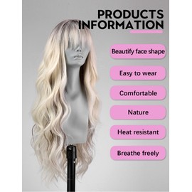 WOKESTAR Long Wavy Platinum Blonde with Dark Roots Wigs for Women, Heat Resistant Natural Hair with Neat Fringe