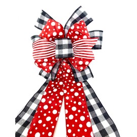 Black and Red Polka Dot Wreath Bow, Large Red Gift Accent, Christmas Tree Topper Ribbon, Door Decoration Bow, Banister Adornment, Wreath Bows, Christmas Swag Accent, Lantern Ornament.
