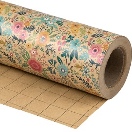 WRAPAHOLIC Kraft Floral Wrapping Paper Roll - Mini Roll - 17 Inch x 9.8 Feet - Spring Summer Garden Flower Design Perfect for Wedding, Bridal Shower, Birthday